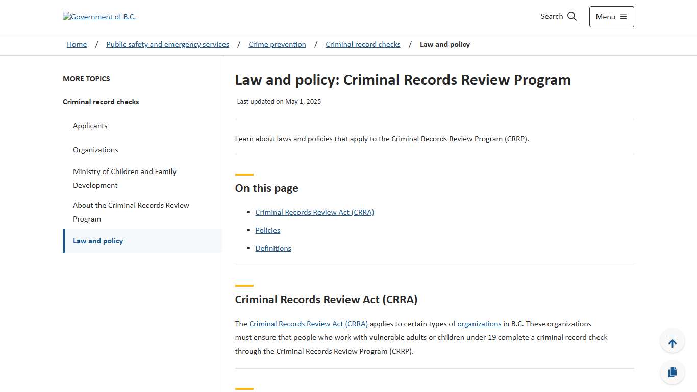 Law and policy: Criminal Records Review Program - Province of British Columbia